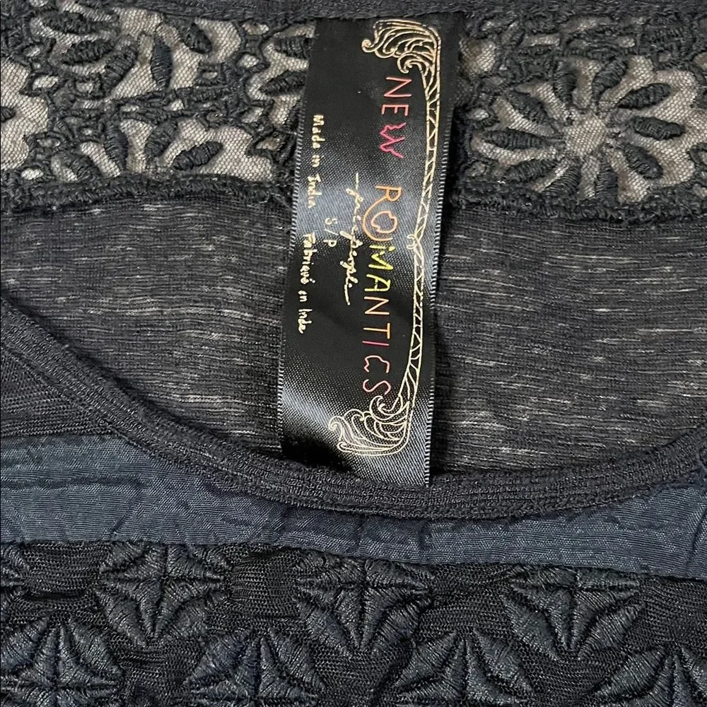 Free People New Romantics Black Sheer Long Sleeve Top Lace Inset Size Small